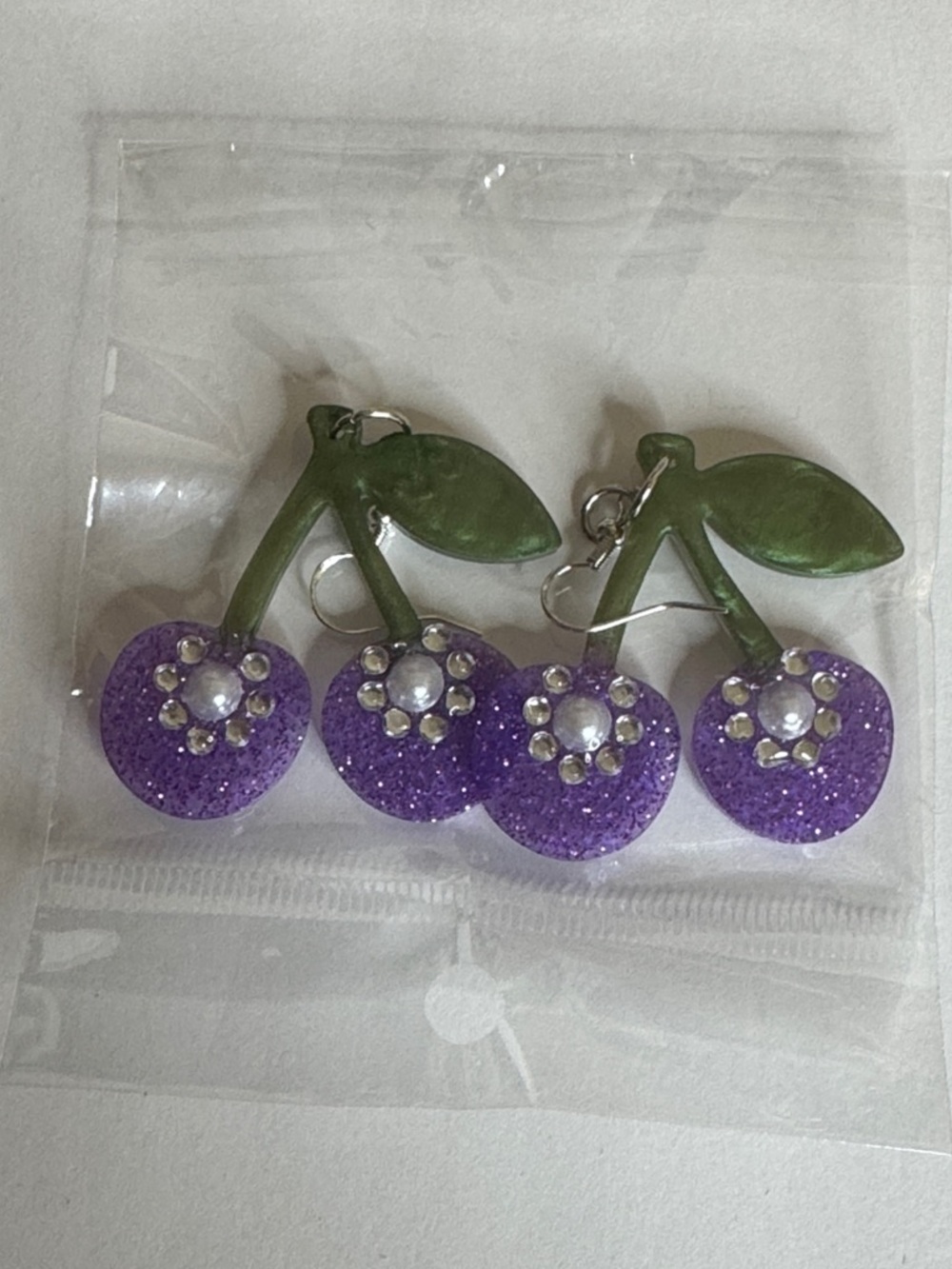Glitter Purple Cherry Drop Earrings with Green Stems